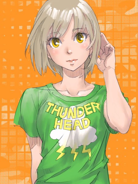 Anime picture 900x1200 with tiger & bunny sunrise (studio) pao-lin huang pomodorosa single tall image looking at viewer blush fringe short hair yellow eyes grey hair alternate costume casual orange background girl t-shirt