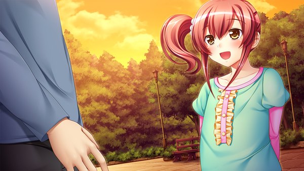 Anime picture 1024x576 with papa love 2kenme long hair open mouth wide image yellow eyes game cg ponytail red hair side ponytail girl dress