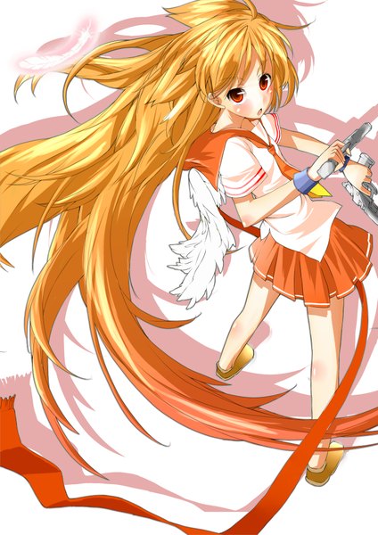 Anime picture 2893x4092 with eizan (artist) single long hair tall image highres blonde hair red eyes absurdres looking back girl weapon wings serafuku gun feather (feathers)