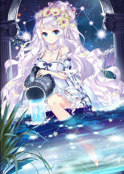 Anime picture 600x840 with qurare: magic library bobyeonggung e-nya single tall image looking at viewer blush fringe breasts blue eyes simple background smile sitting bare shoulders holding cleavage silver hair very long hair long sleeves barefoot