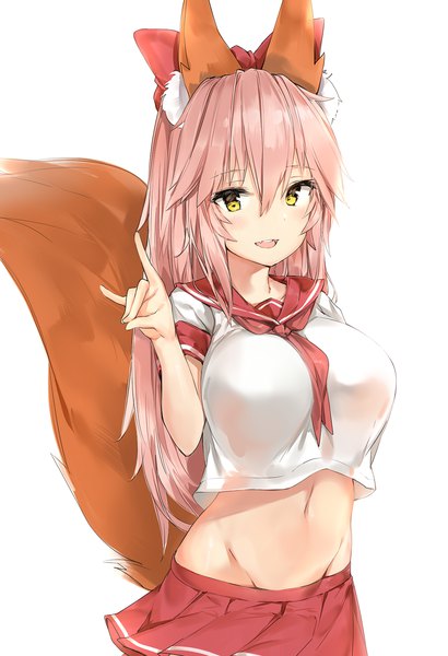 Anime picture 1300x1900 with fate (series) fate/extra tamamo (fate) (all) tamamo no mae (fate) silver (chenwen) single long hair tall image looking at viewer blush fringe breasts open mouth light erotic simple background hair between eyes large breasts white background animal ears yellow eyes