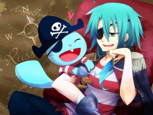 Anime picture 1600x1200 with happy tree friends russell (htf) murasaki tsuki sayaka (artist) single long hair open mouth sitting green eyes blue hair ponytail grin clothes on shoulders personification pirate boy hat earrings eyepatch armchair prosthesis