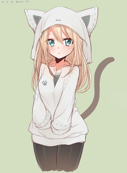 Anime picture 1100x1500 with kantai collection bismarck battleship akky (akimi1127) single long hair tall image blue eyes blonde hair simple background animal ears tail long sleeves animal tail cat ears cat tail green background footprints girl hood hoodie