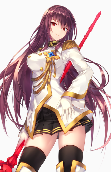 Anime picture 1556x2398 with fate (series) fate/grand order fate/extra fate/extella fate/extella link scathach (fate) (all) scathach (fate) metindone single long hair tall image looking at viewer fringe breasts simple background smile hair between eyes red eyes standing white background