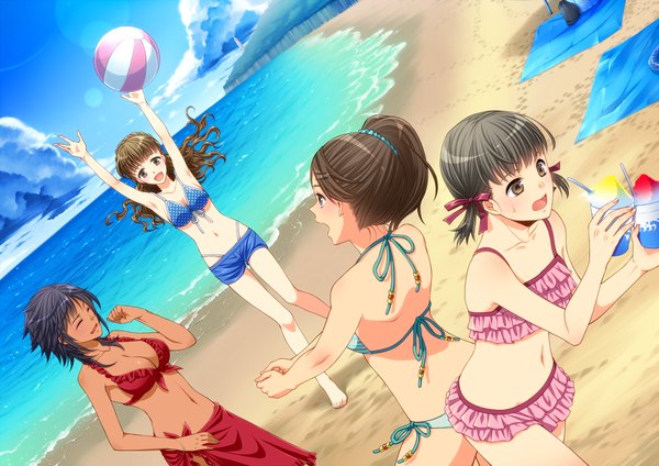 Anime picture 1000x707 with original shiroya (artist) long hair blush short hair breasts open mouth light erotic black hair smile brown hair multiple girls brown eyes sky cloud (clouds) eyes closed midriff beach tan girl