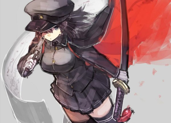 Anime picture 1023x737 with kantai collection akitsumaru dock landing ship sumisu (mondo) single looking at viewer fringe short hair breasts large breasts holding pleated skirt from above dual wielding military girl thighhighs skirt gloves uniform weapon