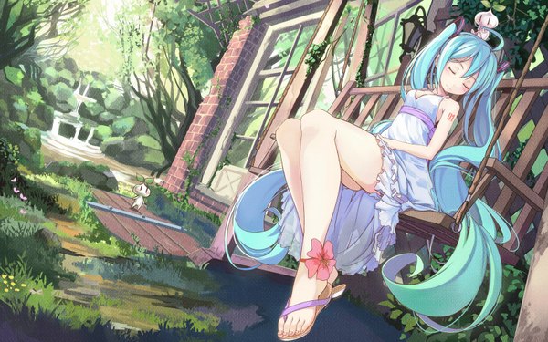 Anime picture 1680x1050 with vocaloid hatsune miku beek (artist) single blush wide image sitting twintails bare shoulders eyes closed very long hair aqua hair girl flower (flowers) plant (plants) sundress