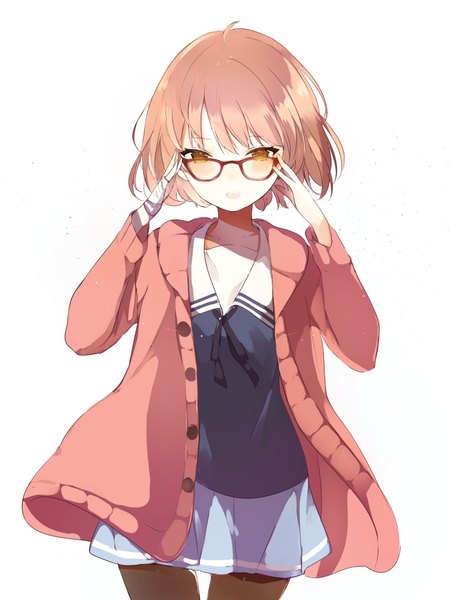 Anime picture 700x935 with kyoukai no kanata kyoto animation kuriyama mirai lpip single tall image blush fringe short hair open mouth simple background white background brown eyes pink hair ahoge thigh gap looking down adjusting glasses girl uniform