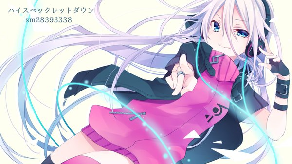 Anime picture 960x540 with vocaloid ia (vocaloid) kuroi (liar-player) single looking at viewer fringe blue eyes simple background smile hair between eyes wide image silver hair purple hair braid (braids) very long hair open jacket text outstretched arm yellow background pointing