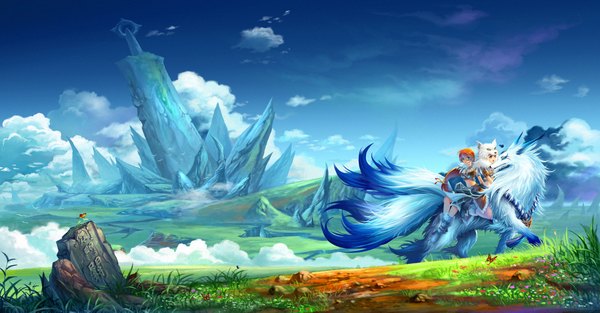 Anime picture 2000x1045 with original diamond dust highres wide image cloud (clouds) landscape fantasy scenic rock riding plant (plants) animal bird (birds) insect butterfly grass