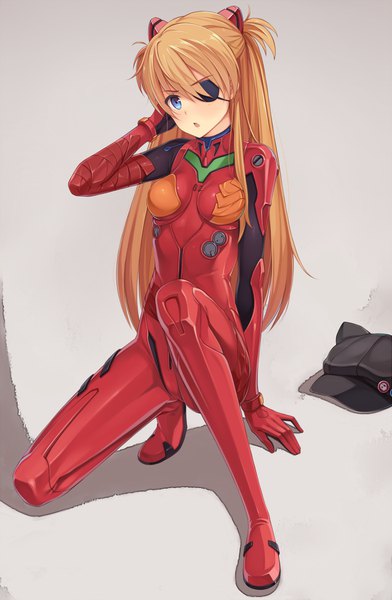 Anime picture 687x1050 with neon genesis evangelion gainax soryu asuka langley shikinami asuka langley yokaze japan single long hair tall image looking at viewer breasts open mouth blue eyes light erotic simple background brown hair twintails full body bent knee (knees) grey background arm support