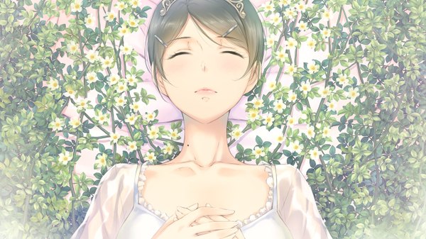 Anime picture 1280x720 with flowers (innocent grey) innocent grey takasaki chidori sugina miki single blush short hair brown hair wide image lying eyes closed mole close-up sleeping girl hair ornament flower (flowers) bobby pin tiara