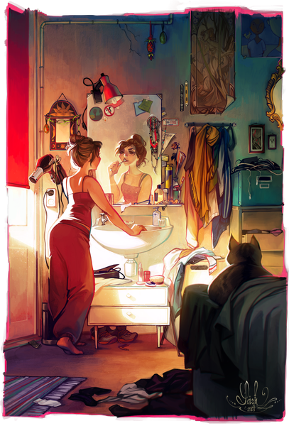 Anime picture 800x1179 with original loish long hair tall image brown hair standing bare shoulders indoors barefoot sunlight teeth hair bun (hair buns) reflection brushing teeth girl animal window bed cat wire (wires)