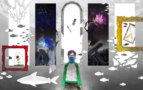 Anime picture 2500x1571 with durarara!! brains base (studio) orihara izaya ryuugamine mikado kuronuma aoba yui (pixiv 276734) highres short hair sitting purple hair empty picture frame boy flower (flowers) jacket rose (roses) building (buildings) blood mask bandage (bandages) clock