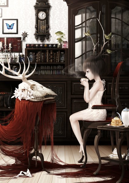 Anime picture 2471x3500 with original bouno satoshi tall image highres short hair black hair sitting barefoot horn (horns) black eyes girl flower (flowers) animal bird (birds) insect butterfly clock cup skull shelf