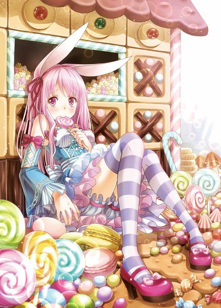 Anime picture 719x1000 with original akisaki rio single long hair tall image looking at viewer blush purple eyes animal ears pink hair bunny ears bunny girl girl thighhighs dress detached sleeves food sweets striped thighhighs candy