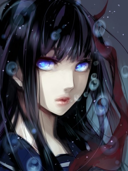 Anime picture 600x800 with original matsunaka hiro single long hair tall image looking at viewer fringe open mouth blue eyes black hair simple background lips grey background portrait underwater girl uniform ribbon (ribbons) school uniform water