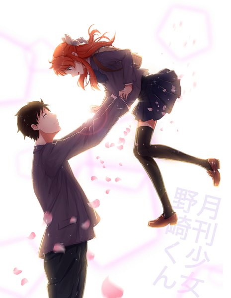 Anime picture 800x1031 with gekkan shoujo nozaki-kun doga kobo sakura chiyo nozaki umetarou byakuya reki long hair tall image short hair black hair white background purple eyes holding profile pleated skirt lens flare half updo surprised carrying girl thighhighs