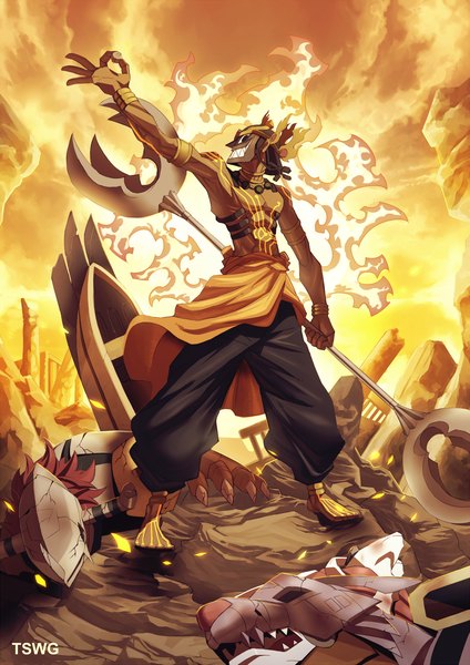 Anime picture 1000x1414 with summer wars madhouse love machine hajime (hajime-ill-1st) tall image cloud (clouds) dark skin topless destruction boy weapon jewelry mask fire
