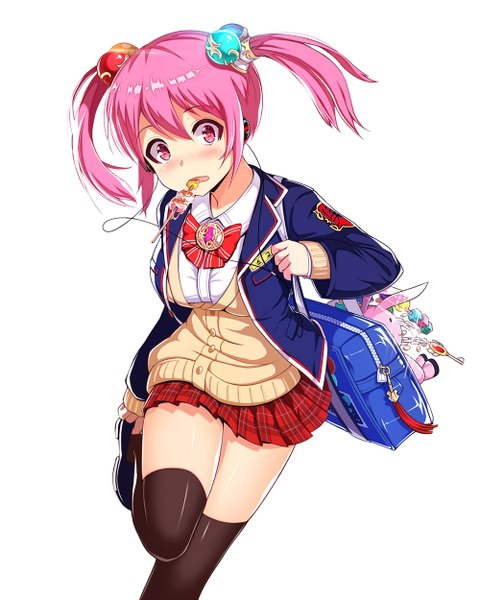 Anime picture 1000x1250 with original ratio (ratio-d) single tall image looking at viewer blush fringe short hair twintails pink hair pink eyes short twintails girl thighhighs skirt uniform black thighhighs school uniform miniskirt food