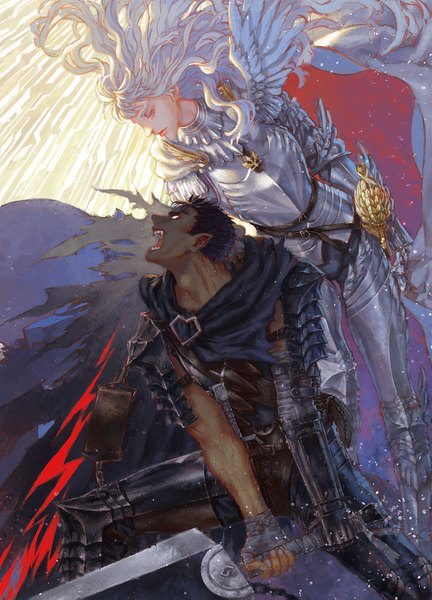 Anime picture 1000x1387 with berserk guts griffith shaliva long hair tall image fringe short hair open mouth blue eyes black hair standing holding bent knee (knees) white hair profile pointy ears multiple boys teeth fang (fangs)