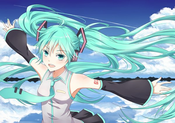 Anime picture 1053x744 with vocaloid hatsune miku fengsao hua tanzhang single looking at viewer open mouth twintails sky cloud (clouds) very long hair aqua eyes aqua hair spread arms girl hair ornament detached sleeves necktie headphones