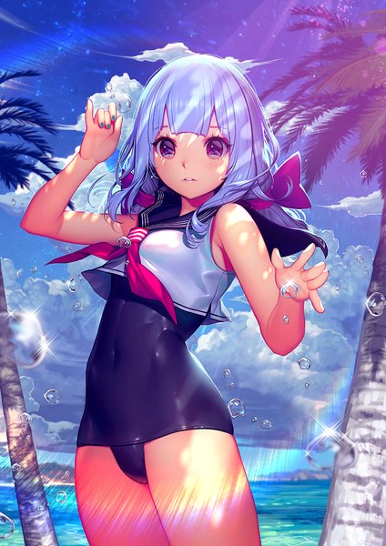 Anime picture 800x1132 with original mandrill single long hair tall image looking at viewer fringe light erotic red eyes standing twintails payot blue hair sky cloud (clouds) outdoors blunt bangs nail polish parted lips arm up