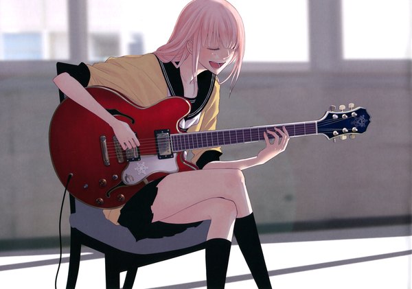 Anime picture 3444x2418 with vocaloid just be friends (vocaloid) megurine luka single long hair highres open mouth sitting pink hair absurdres eyes closed girl uniform school uniform serafuku chair musical instrument guitar electric guitar