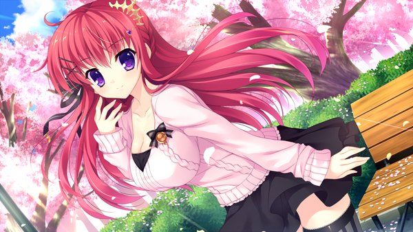 Anime picture 1280x720 with alia's carnival! ousaka asuha mitha single long hair looking at viewer wide image purple eyes pink hair game cg cherry blossoms girl thighhighs skirt hair ornament ribbon (ribbons) plant (plants) hair ribbon petals tree (trees)