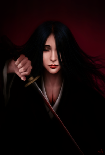 Anime picture 2038x3000 with bleach studio pierrot unohana retsu mochifin single long hair tall image highres black hair simple background eyes closed lips red background girl weapon sword katana blood