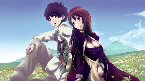 Anime picture 1920x1080 with maoyuu maou yuusha arms corporation maou (maoyuu) yuusha (maoyuu) poker-face-008 long hair looking at viewer blush highres short hair breasts open mouth black hair smile wide image large breasts sitting brown eyes looking away sky