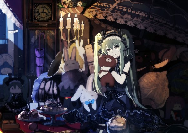 Anime picture 1131x800 with vocaloid hatsune miku bba1985 single long hair looking at viewer twintails green hair dark background lolita fashion goth-loli girl dress black dress umbrella toy stuffed animal clock teddy bear candle (candles)