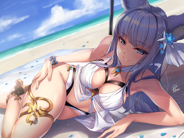Anime picture 1130x850 with granblue fantasy korwa (granblue fantasy) fukai ryosuke single long hair fringe breasts blue eyes light erotic smile signed animal ears sky cleavage cloud (clouds) bent knee (knees) outdoors lying blunt bangs parted lips