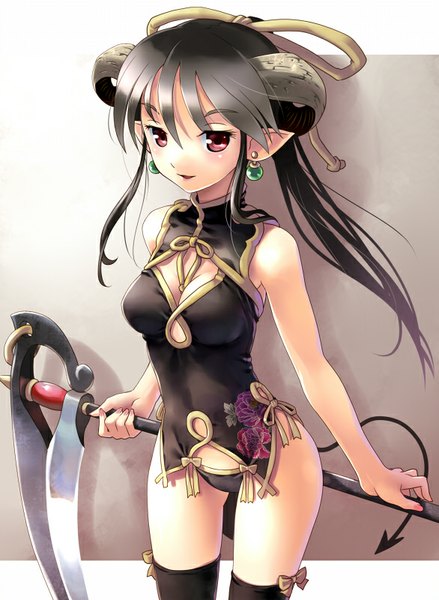 Anime picture 586x800 with original katahira masashi single long hair tall image looking at viewer blush light erotic black hair holding pink eyes horn (horns) pointy ears chinese clothes girl thighhighs underwear panties weapon black thighhighs