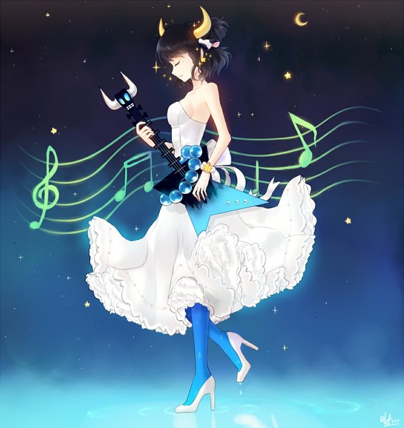 Anime picture 1125x1192 with original minari single tall image short hair black hair bare shoulders animal ears eyes closed profile horn (horns) girl dress shoes beads guitar musical note