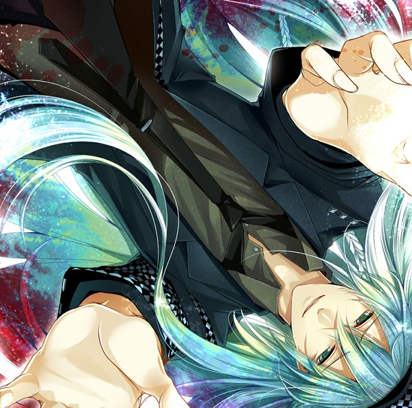 Anime picture 1100x1089 with amnesia idea factory ukyo (amnesia) ouka mai (artist) single long hair smile lying aqua eyes aqua hair outstretched arm open collar boy necktie hands