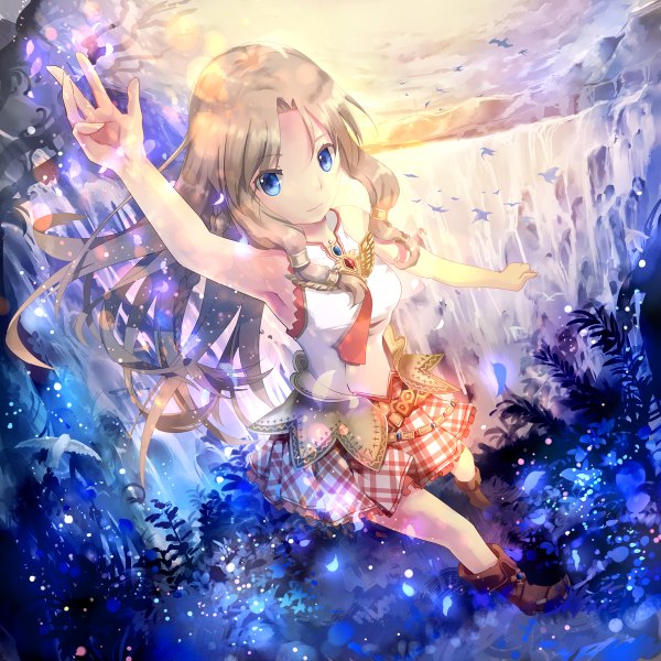 Anime picture 1200x1200 with original sei mutsuki single long hair breasts blue eyes brown hair looking away sky pleated skirt light smile from above armpit (armpits) legs glow waterfall girl skirt plant (plants) animal