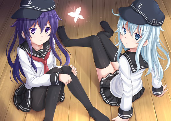 Anime picture 1697x1200 with kantai collection hibiki destroyer akatsuki destroyer kazenokaze long hair blue eyes sitting purple eyes multiple girls blue hair white hair :t girl thighhighs black thighhighs 2 girls insect butterfly sailor suit flat cap