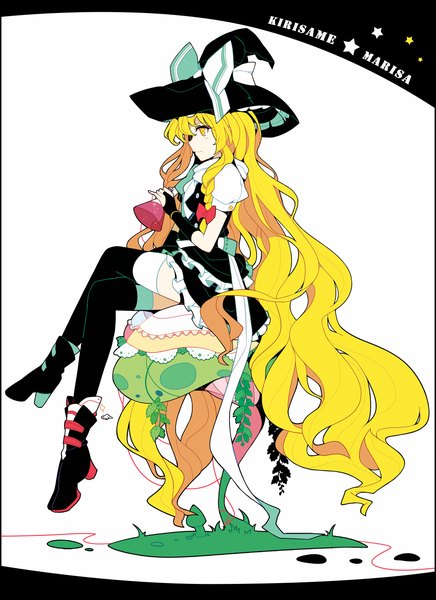 Anime picture 1111x1527 with touhou kirisame marisa ideolo long hair tall image blonde hair white background yellow eyes braid (braids) alternate costume witch flat color girl thighhighs gloves bow boots fingerless gloves bridal gauntlets mushroom (mushrooms)