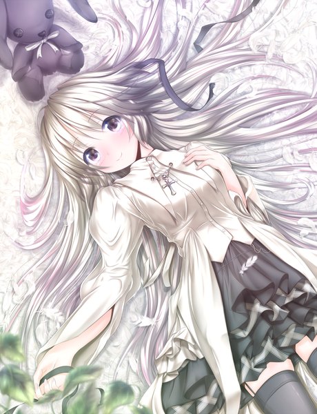 Anime picture 1840x2400 with yosuga no sora kasugano sora wingheart single long hair tall image blush highres smile silver hair lying black eyes loli girl thighhighs dress black thighhighs toy stuffed animal bunny