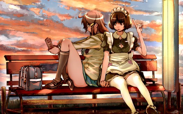 Anime picture 1920x1200 with miniskirt pirates katou marika endou mami canbee long hair highres short hair brown hair wide image sitting multiple girls brown eyes sky cloud (clouds) maid legs evening sunset girl thighhighs