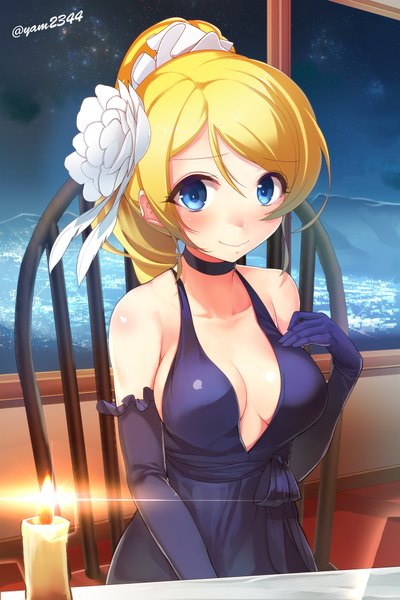 Anime picture 1280x1920 with love live! school idol project sunrise (studio) love live! ayase eli yamacchi single long hair tall image looking at viewer blush breasts blue eyes light erotic blonde hair smile bare shoulders ponytail girl dress gloves