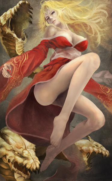 Anime picture 1246x2000 with romancing saga romancing saga 3 byunei akaikitsune single long hair tall image looking at viewer breasts open mouth blue eyes light erotic blonde hair large breasts bare shoulders yellow eyes traditional clothes barefoot lips pointy ears