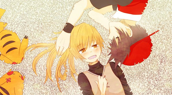 Anime picture 1122x624 with pokemon nintendo pikachu red (pokemon) yellow (pokemon) sera (serappi) long hair blush short hair open mouth blonde hair brown hair wide image ponytail lying eyes closed profile orange eyes couple gen 1 pokemon