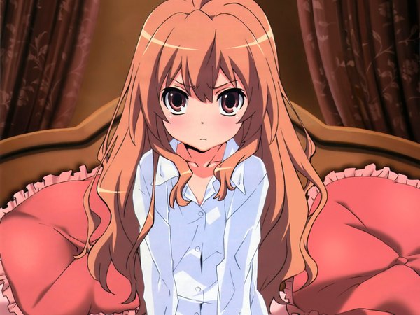 Anime picture 1600x1200 with toradora j.c. staff aisaka taiga ootsuka mai single long hair looking at viewer fringe brown hair brown eyes indoors long sleeves wariza cropped girl shirt pillow