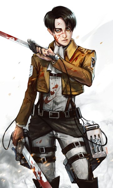Anime picture 603x1000 with shingeki no kyojin production i.g levi (rivaille) kazeki single tall image short hair black hair simple background white background holding grey eyes dual wielding blood on face bloody clothes bloody weapon boy uniform weapon sword