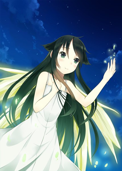 Anime picture 829x1160 with saya no uta nitroplus saya (saya no uta) taiyaki (astre) long hair tall image blush green eyes sky cloud (clouds) green hair night tears girl dress wings sundress