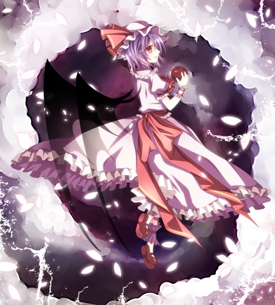 Anime picture 1350x1500 with touhou remilia scarlet mikazuki sara tall image short hair red eyes purple hair profile bat wings girl petals bonnet apple