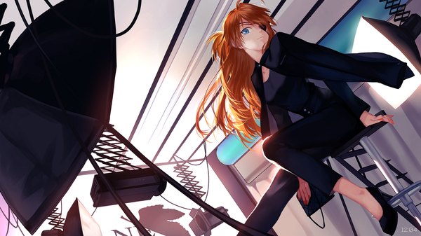 Anime picture 1920x1080 with neon genesis evangelion gainax soryu asuka langley shikinami asuka langley joseph lee single long hair looking at viewer highres blue eyes wide image sitting nail polish orange hair arm support from below alternate costume dated clothes on shoulders fashion