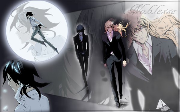 Anime picture 1920x1200 with noblesse cadis etrama di raizel frankenstein long hair fringe highres blue eyes black hair blonde hair red eyes wide image blue hair wind hair over one eye inscription back open collar zoom layer hair over eyes boy